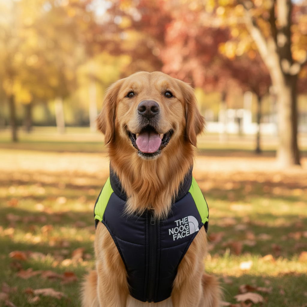 Dog wearing The Dog Face coat with logo